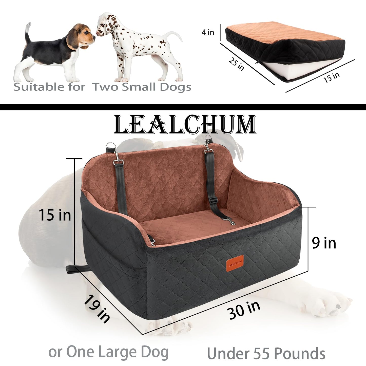 Lealchum Dog Car Seat for Large Size Dog,Soft Fabric Vehicle Dog Bed Filling Memory Foam,Car Seat for Dogs with 2 Clip-On Dogs Leashs,Removable and Washable Comfy Pet Car Seat(Black/Brown, Large)
