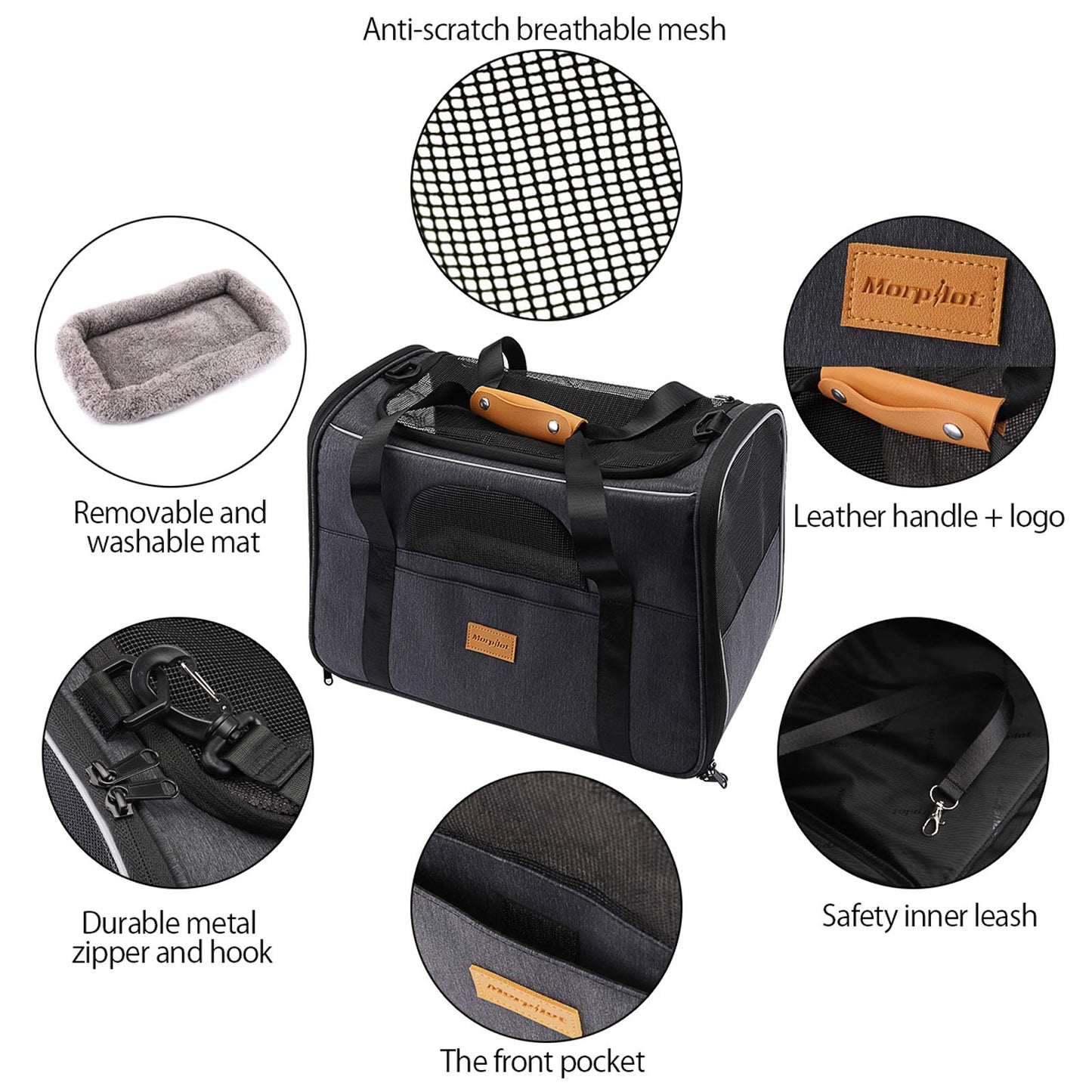 Morpilot Portable Pet Carrier Bag, Top Opening, Removable Mat and Breathable Mesh, Foldable Transport Carrier for Dogs and Cats, with Shoulder Strap and Pet Bowl, Grey