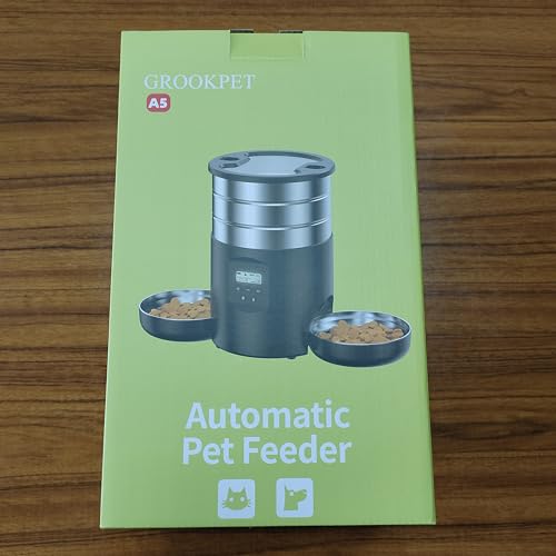 Automatic Cat Feeder For 2 Cats - Stainless Steel Cat Food Dispenser for Fresh Dry Food with Timer - 5L Electric Pet Feeder with Double Bowls Indoor- Auto Small Dog Feeder Dual Power - Button Control