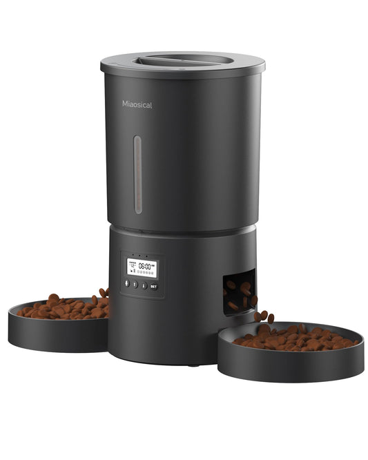 Miaosical Automatic Dual Cats Feeder for 2 Cats,Flexible Schedule Timer,6 Meals/Day,1-12 Portions/Meal,Dual Power Auto Pet Feeder Dry Food Dispenser,10S Voice Record (Black, 4.2L+Basic Dual Bowls)