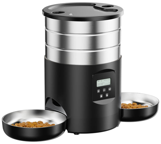Automatic Cat Feeder For 2 Cats - Stainless Steel Cat Food Dispenser for Fresh Dry Food with Timer - 5L Electric Pet Feeder with Double Bowls Indoor- Auto Small Dog Feeder Dual Power - Button Control