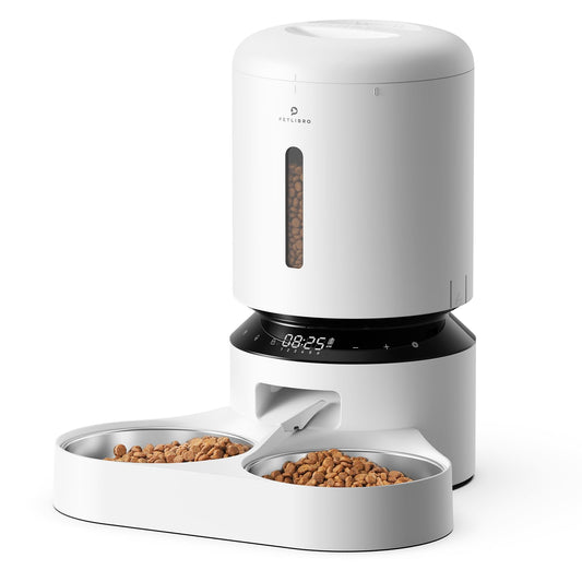 PETLIBRO Automatic Cat Feeder for 2 Cats, Easy Touchscreen Programming, Adjustable Portions with Dual Bowl, Granary Pet Food Dispenser, 10S Meal Time Recording, Battery for Backup Power (5L, White)