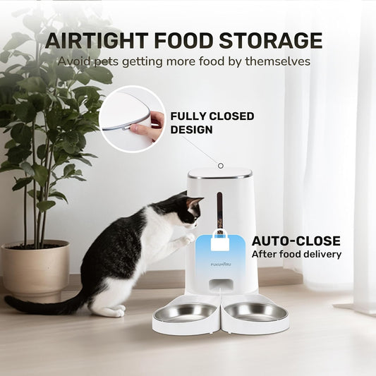 FUKUMARU Automatic Cat Feeder, 4L Dog Feeders with Double Bowls, Support DIY Meals and Timed Control WiFi Cat Food Dispenser