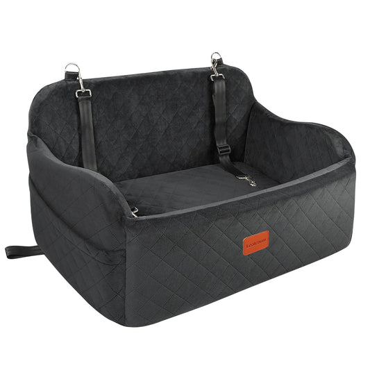 Lealchum Large Dog Car Seat,Memory Foam Cushion Car Seat for 2 Small Dogs,Comfy Vehicle Dog Bed with Side Pocket and 3 Clip-On Safety Leashes,Easy to Install Car Seat for Dogs(Black, Large)