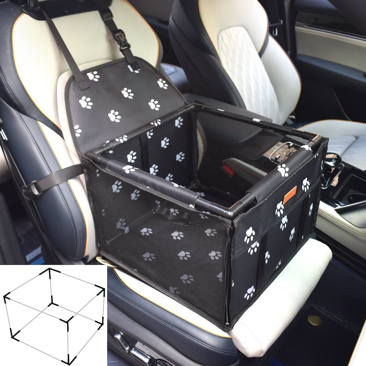 GoBuyer Waterproof Pet Dog Car Seat Booster Carrier Box and Basket with Seat Belt Harness Restraint for Puppy Cat Travel (Black, Standard 40x40cm)