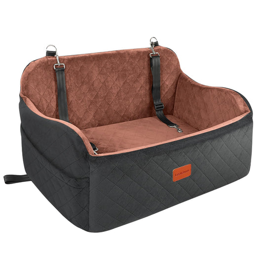 Lealchum Dog Car Seat for Large Size Dog,Soft Fabric Vehicle Dog Bed Filling Memory Foam,Car Seat for Dogs with 2 Clip-On Dogs Leashs,Removable and Washable Comfy Pet Car Seat(Black/Brown, Large)
