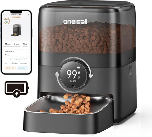 oneisall 3L Battery Operated Automatic Cat Feeder with App Control, WiFi Automatic Feeder for Cats Dogs with Timer, Auto Cat Feeder with Rechargeable Battery Lasting 100-Day (WiFi)