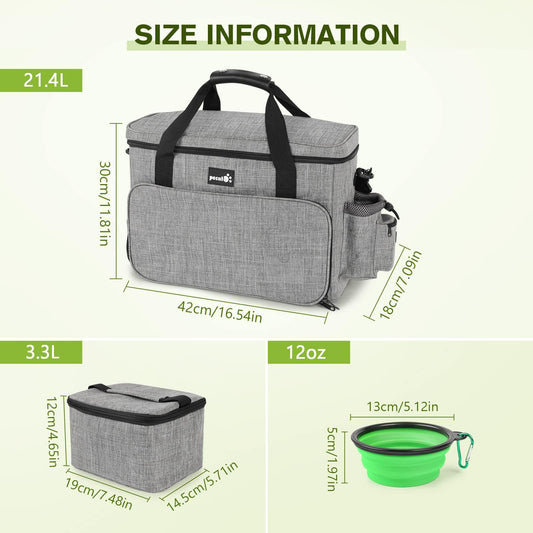 pecute Dog Travel Bag Large, Portable for Travel, Pet with Multi-Function Pockets, Tote Organizer Outdoor use Set 2 Food Bags + Collapsible Bowls, Grey
