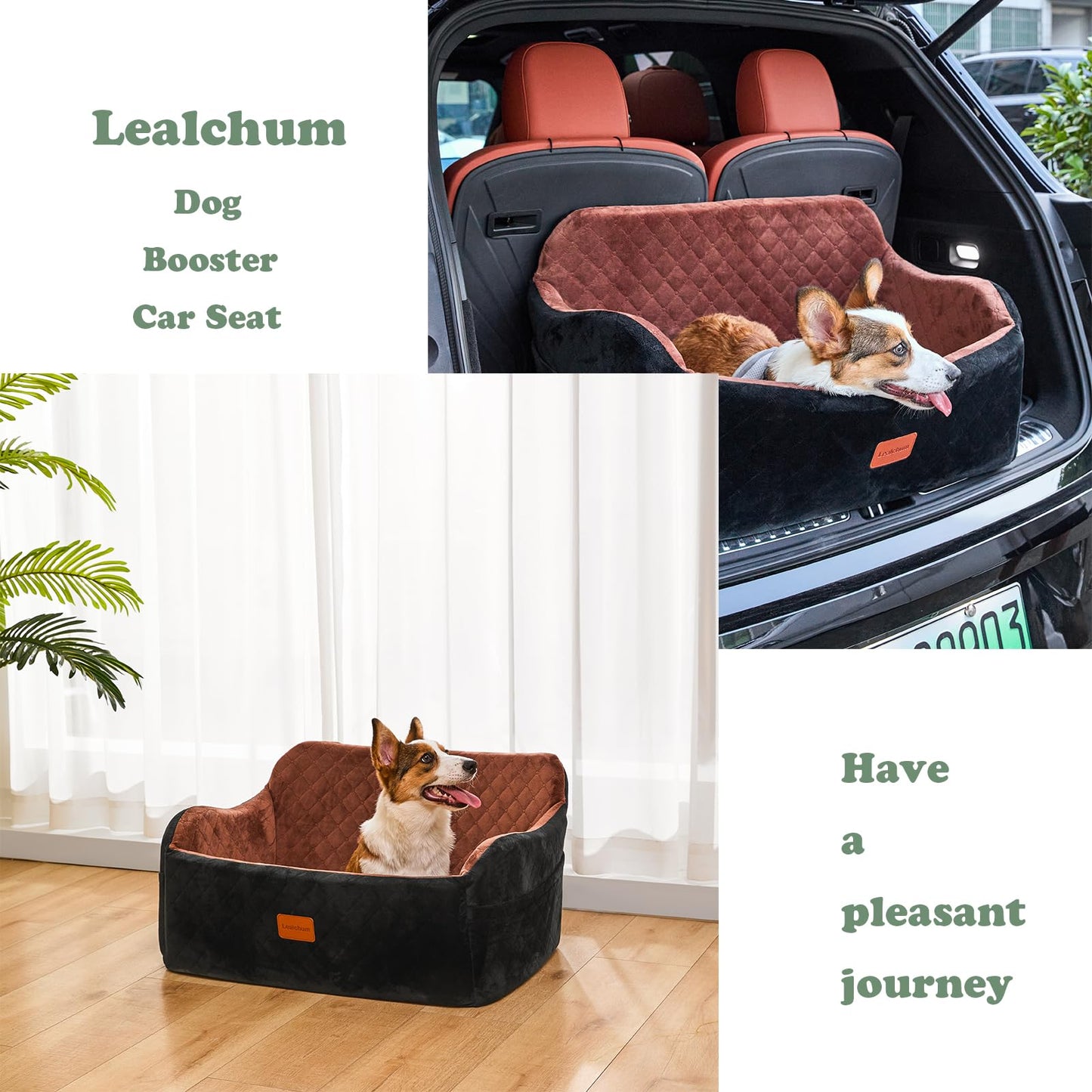 Lealchum Dog Car Seat for Large Size Dog,Soft Fabric Vehicle Dog Bed Filling Memory Foam,Car Seat for Dogs with 2 Clip-On Dogs Leashs,Removable and Washable Comfy Pet Car Seat(Black/Brown, Large)