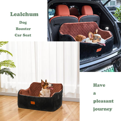 Lealchum Dog Car Seat for Large Size Dog,Soft Fabric Vehicle Dog Bed Filling Memory Foam,Car Seat for Dogs with 2 Clip-On Dogs Leashs,Removable and Washable Comfy Pet Car Seat(Black/Brown, Large)