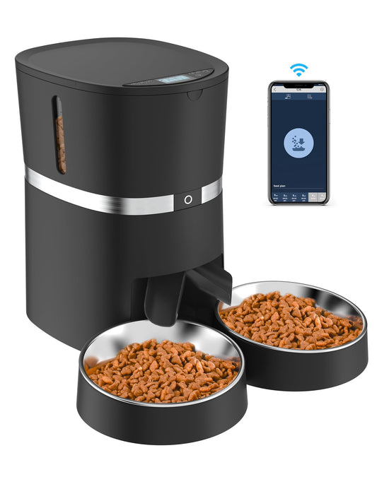 Automatic Cat Feeder, Smart Pet Food Dispenser with APP Control, WiFi Enabled Automatic Feeder for Dogs & Cats, Double Stainless Steel Bowls,6 Meals Portion Control and Voice Recording (S36D-B)