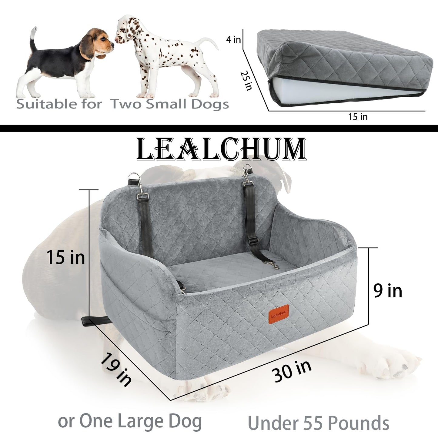 Lealchum Dog Car Seat for Medium Sized Dog,Car Dog Bed with Adjustable Leashes,Comfort and Support with Memory Foam Filled,Safety Travel Per Car Seat with Non-Slip Bottom(Grey, Large)