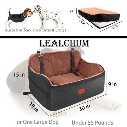 Lealchum Dog Car Seat for Large Size Dog,Soft Fabric Vehicle Dog Bed Filling Memory Foam,Car Seat for Dogs with 2 Clip-On Dogs Leashs,Removable and Washable Comfy Pet Car Seat(Black/Brown, Large)