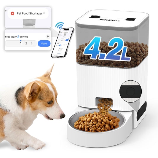 Kitplus Automatic Cat Feeder, APP Control, Dog Feeder Automatic with Timer, Cat Food Dispenser, Lock Lid-Instant Feeding＆Recording-Indicator Status-APP Control Wifi-10 Meals Per Day for Dogs Cats