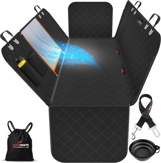 Dog Car Seat Covers, 600D Heavy Duty 100% Waterproof, Nonslip, Zipper Design seat protector, Mesh Window, Perfect Dog Hammock for Car backseat, SUVs, Sedans & Truck (Black, Square Window Style)