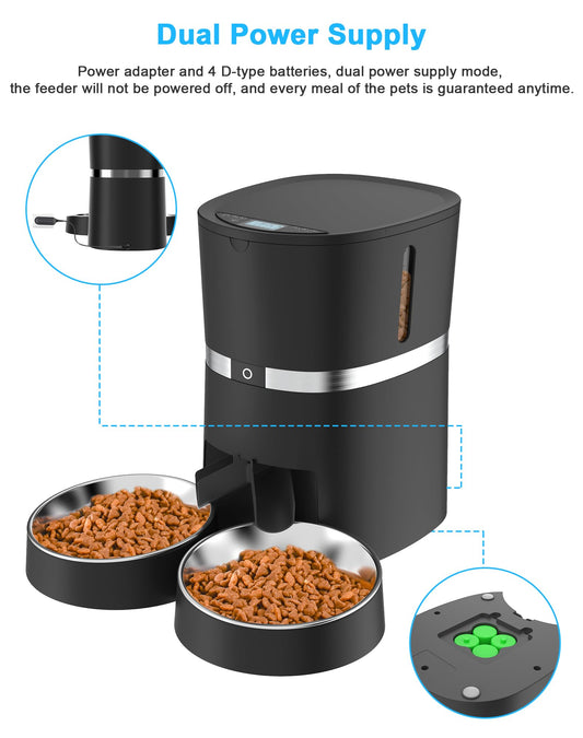 Automatic Cat Feeder, Smart Pet Food Dispenser with APP Control, WiFi Enabled Automatic Feeder for Dogs & Cats, Double Stainless Steel Bowls,6 Meals Portion Control and Voice Recording (S36D-B)