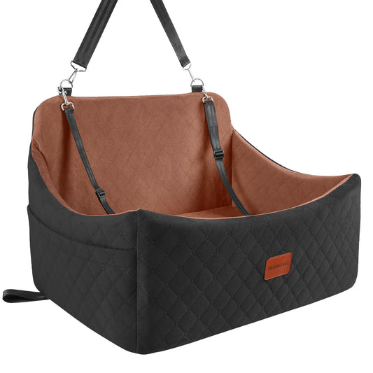 Wooaidagg Dog car seat for Large Dogs up to 55 lb,Super Soft fabic Filling in Memory Foam with Adjustable Straps and Two Safety Dog leashes,Fully Detachable and Washable (Black/Brown, Large)