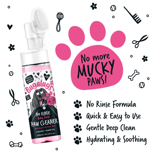 BUGALUGS Dog Paw Cleaner No Rinse Foam Cat & Dog shampoo with Silicone Brush Head, waterless grooming products. Travel friendly paw cleaner for dogs defeat muddy paws on the go (Baby Fresh)