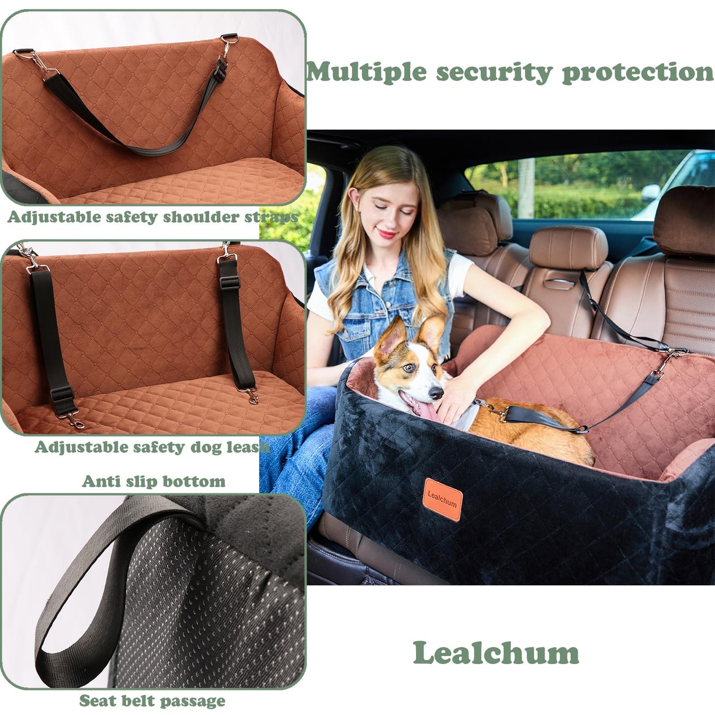 Lealchum Dog Car Seat for Large Size Dog,Soft Fabric Vehicle Dog Bed Filling Memory Foam,Car Seat for Dogs with 2 Clip-On Dogs Leashs,Removable and Washable Comfy Pet Car Seat(Black/Brown, Large)